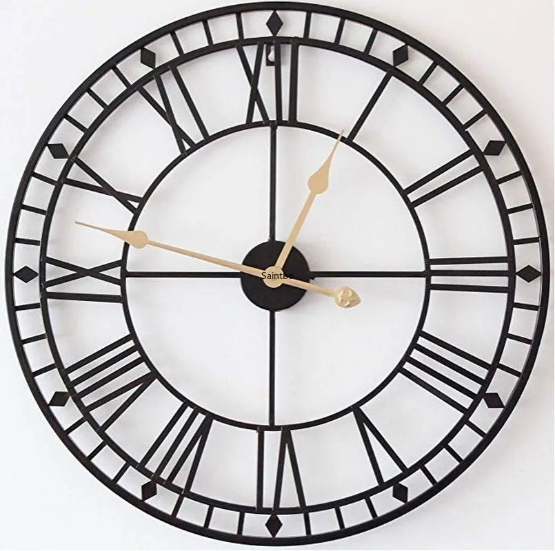 

European oversized black circular Roman iron clock living room oversized decorative wall clock quartz clock