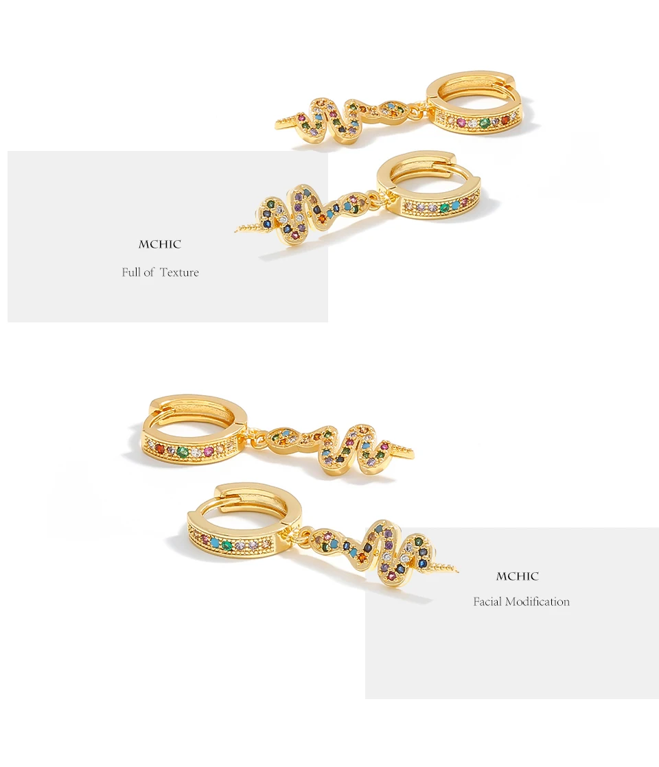 Mchic Fashion Rainbow Snake Earrings Gold Color Jewelry Personalized Shiny Zirconia Pendant Earring for Women Gala Gift