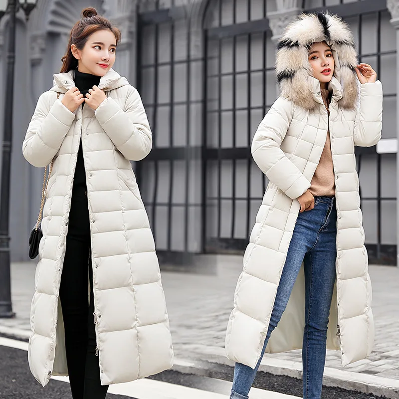 Женская зимняя куртка, новинка, европейский и американский стиль, пальто с капюшоном, меховой воротник, дикая тонкая приталенная Длинная женская куртка