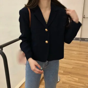 

2019 Autumn Harajuku Solid Single-Breasted Blazer Korean V-Neck Long Sleeve Blazer Casual Short Solid Loose Suit