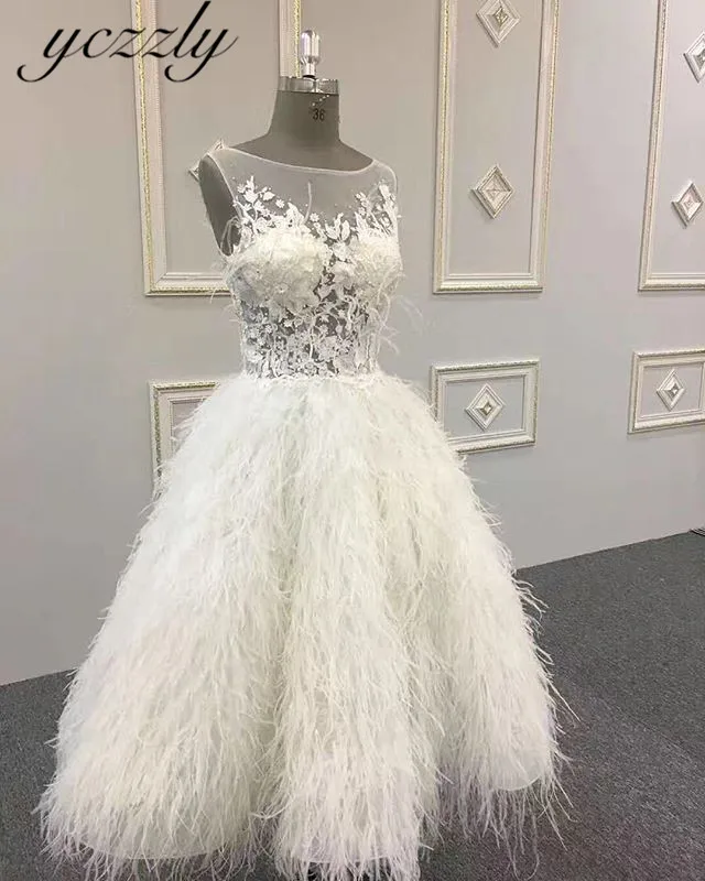 Vestido De Noiva Curto, новинка, бальное платье, короткое свадебное платье, Кружевная аппликация, Страус, длина до середины икры, платье невесты YW14