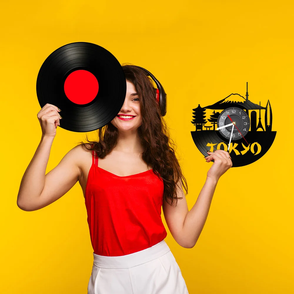 Japan Tokyo Skyline Decorative Wall Clock For Enterprise Office Japanese Cityscape Vinyl Album Record Watches Japan Souvenir 6