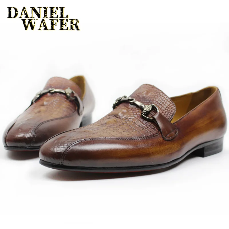 ITALIAN MEN CASUAL SHOES LEATHER LUXURY HANDMADE SLIP ON BROWN BLACK FORMAL WEDDING SHOES MEN LOAFERS SHOES GENUINE LEATHER - Цвет: Brown