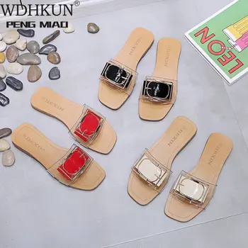

WDHKUN Sandals Women's Summer Fashion Outside Wearing The New Korean Flatbottom Students One-word Sandals Outdoor Beach Shoes