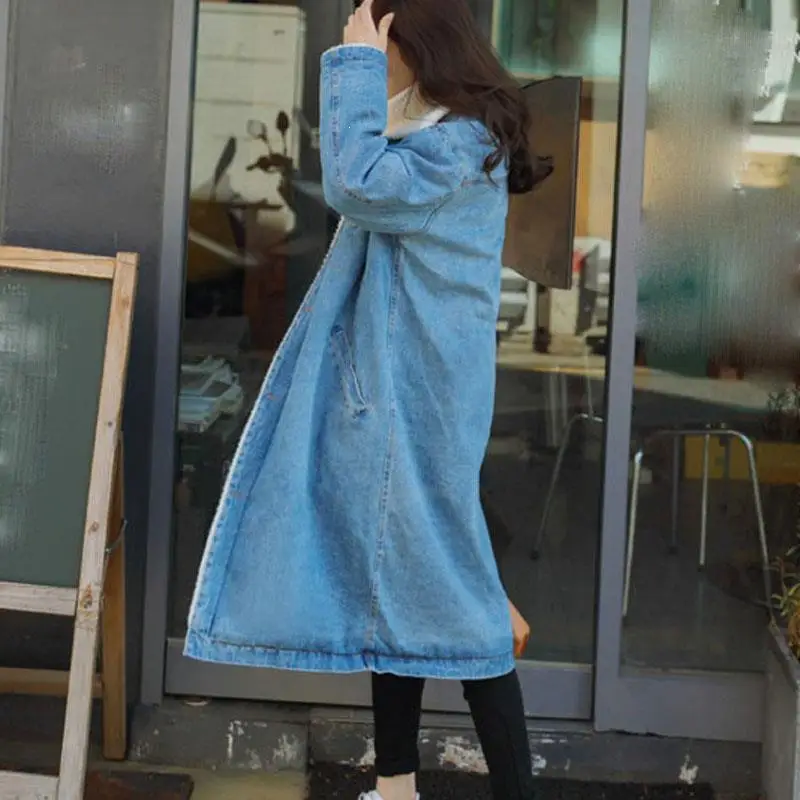 Finest  New Women Winter Denim Jackets Lamb Wool Lining Long Warm Coats Big Fur Oversize Loose Jeans Jacket