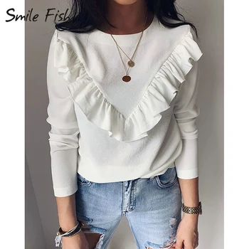 

Lady Office Work Ruffles O-Neck White Shirts Long Sleeve Elegant Women Blouses 2020 Khaki Black Autumn Winter Blusas Tops GV948