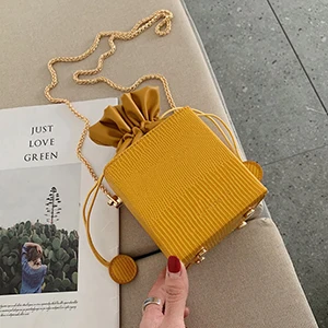 Модный шнурок с цепочками, французский стиль, сумка-ведро, твердая искусственная кожа, сумка на плечо, женская дизайнерская сумка через плечо, сумка-мессенджер Bolsa - Цвет: Цвет: желтый