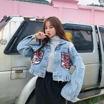 

Women Denim Coats European Runway Style Sequins Double Pocket Vintage Basic Jean Coat Short Tops Female Girl Streetwear