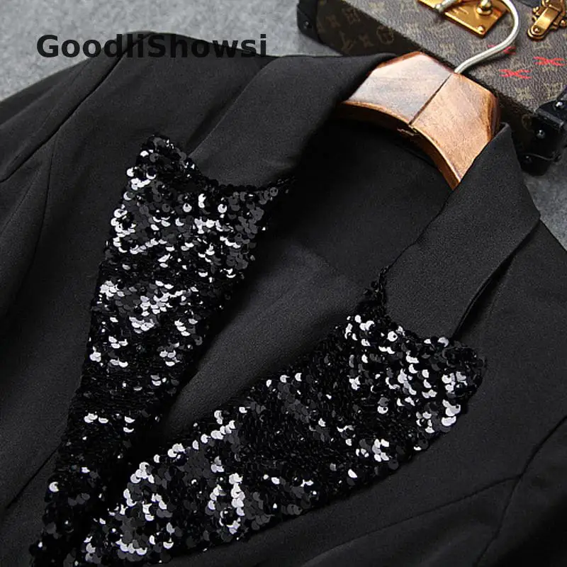 GoodliShowsi элегантные женские костюмы с юбкой на одной пуговице, черный костюм с блестками, Топы+ юбка в сеточку средней длины, комплекты из 2 предметов