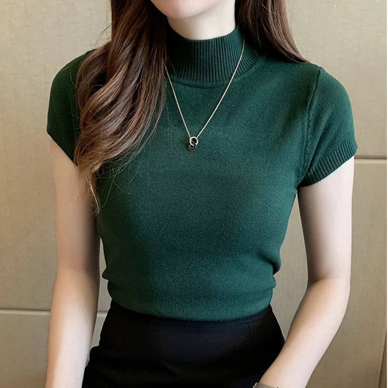 Fashion Knitt Short-sleeved T-shirt Women 2020 New Half Turtleneck Stretch Knitted Tshirt Solid Casual Spring Summer Female Tops Fashion Knitt Short-sleeved T-shirt Women 2020 New Half Turtleneck Stretch Knitted Tshirt Solid Casual Spring Summer Female Tops
