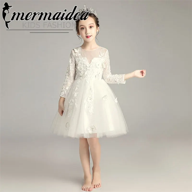 white short dress Детское милое платье принцессы для дня рождения, свадьбы, вечеринки, с кружевными цветами, короткое платье для выпускного вечера, детское танцевальное платье-пачка для девочек, костюм, платье в подарок - Цвет: white short dress