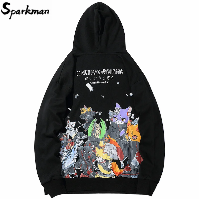 

Men Hip Hop Hoodie Sweatshirt Anime Cat Japanese Cartoon Streetwear Harajuku Hoodies Pullover Loose Autumn Black Sweat Shirts