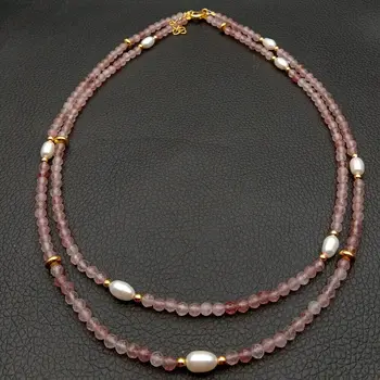 

Natural faceted Red Strawberry Quartz Cultured white rice Pearl Necklace 17.5"