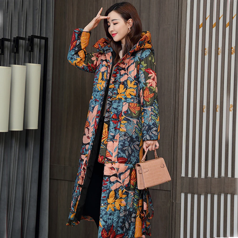 

Parka winter padded women 2022 new over knee thickened large Korean slim down padded jacket printed cold 905