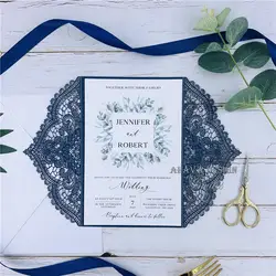 Темно-синие свадебные приглашения элегантная вырезанная лазером вечерние приглашения с лентой и принтом