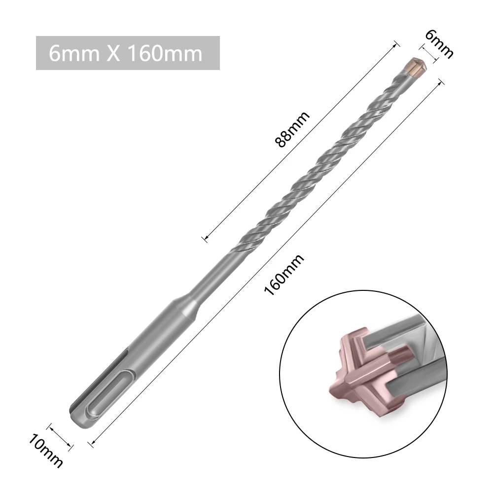 5pcs Electric Hammer SDS Plus Drill Bit Set Cross Tips 4 Cutters 160mm for Concrete Wall Brick Block Masonry Drilling Bits 6mm