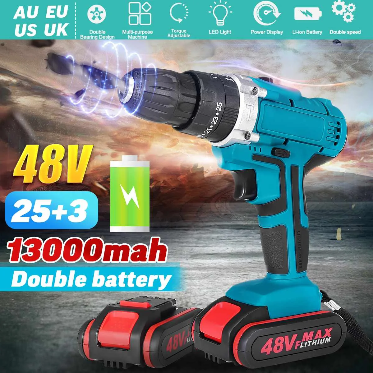 

25+3 Torque 48V Cordless Electric Impact Drill Li-ion Battery LED Working Light Screwdriver DIY Home Hand Flat Drill Power Tools