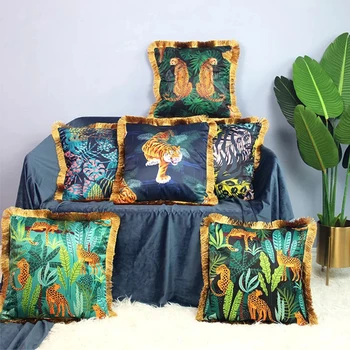 

Luxury Gold Tassel Cushion Cover Imitate Silk Animal Tropic Leaves Print Pillow Cover Chair Sofa Hotel Decorative Pillowcase