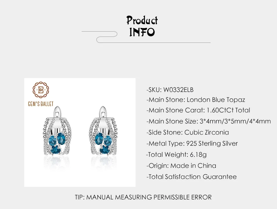 Балетные серьги GEM'S, 1.6Ct, натуральный Лондон, голубой топаз, драгоценный камень, клипсы, 925 пробы, серебро, модные серьги для женщин, хорошее ювелирное изделие