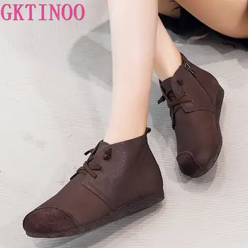 

GKTINOO New 2019 Autumn Fashion Women Genuine Leather Boots Handmade Vintage Flat Ankle Botines Shoes Woman Winter botas