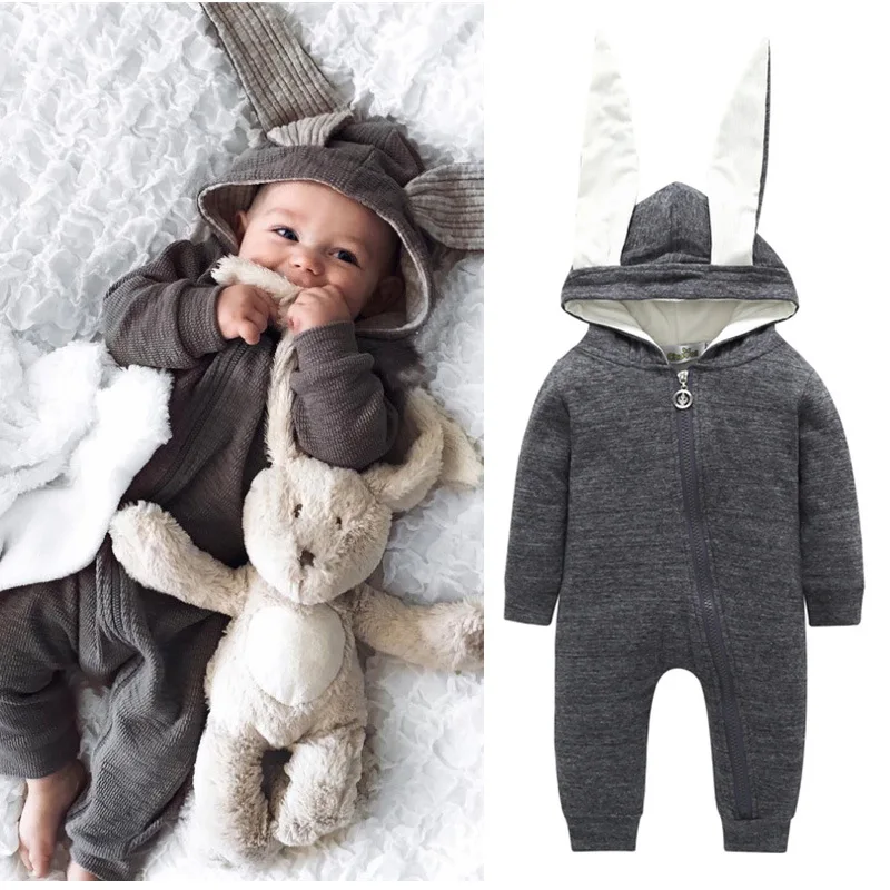 

Zipper Rabbit Ear Hooded Baby Rompers Fall Spring Toddler Outfit Cute Boys Outwear Children's Clothes For Girls