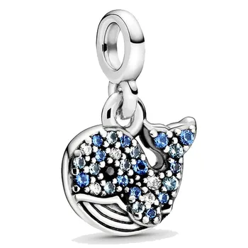 

New 925 Sterling Silver Bead Charm My Blue Whale Dangle With Crystals Me Pendant Beads Fit Bracelet DIY Jewelry