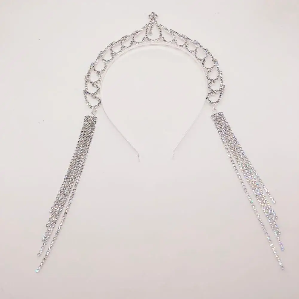 Luxury Rhinestone long tassel hair hoop Wedding Bridal headdress ladies shiny crystal headdress headband crown headdress gift