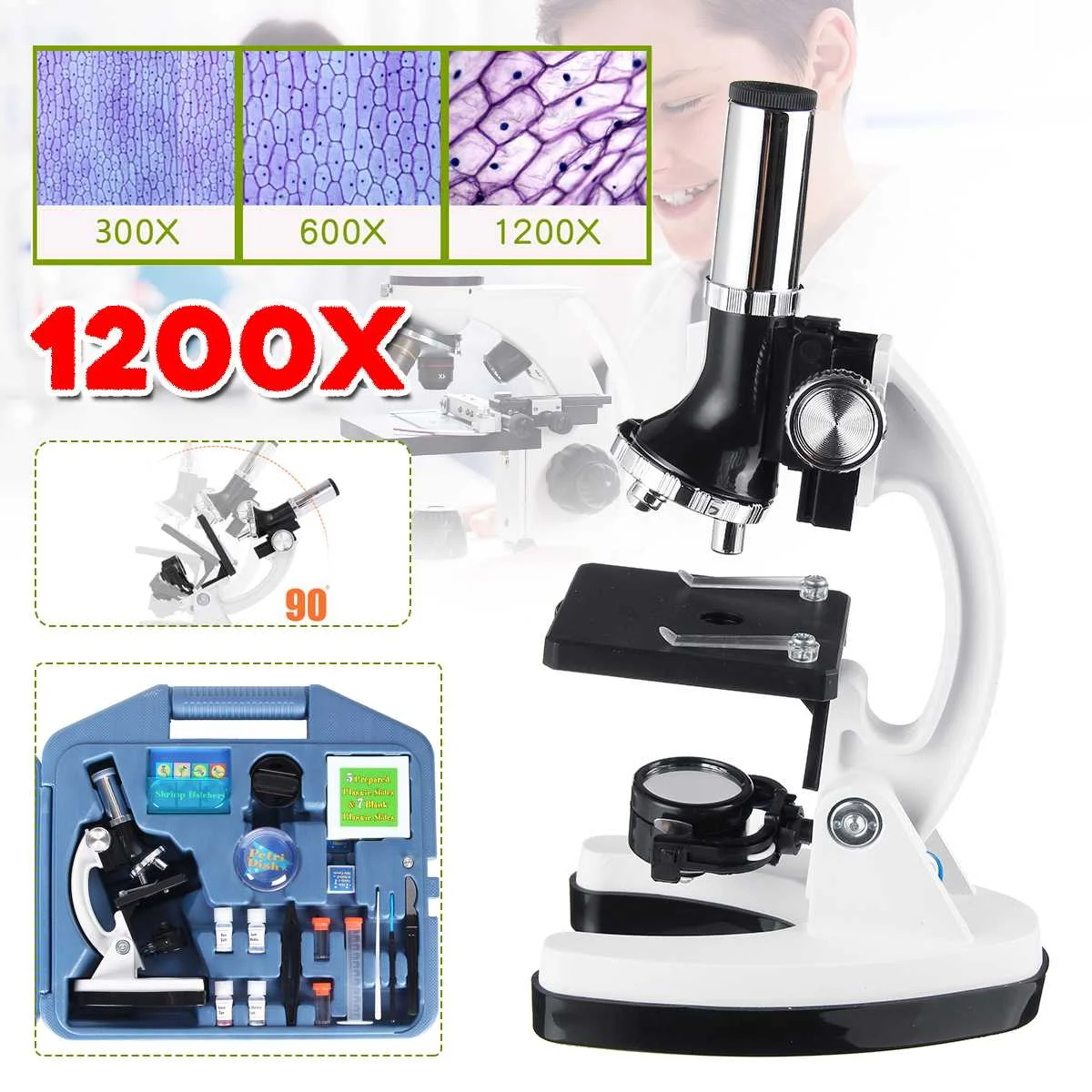 

Becornce 300/600/1200X Student's Microscope Kit Lab LED Home School Educational Toy Gift Biological Microscope For Kid Tools Set