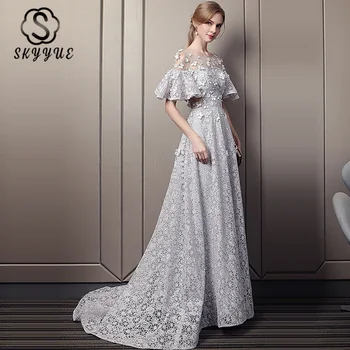 

Skyyue Evening Dresses K357 Appliques Plus Size Illusion Long Gray Lace Evening Gown Short Sleeve A-Line O-Neck Robe De Soiree