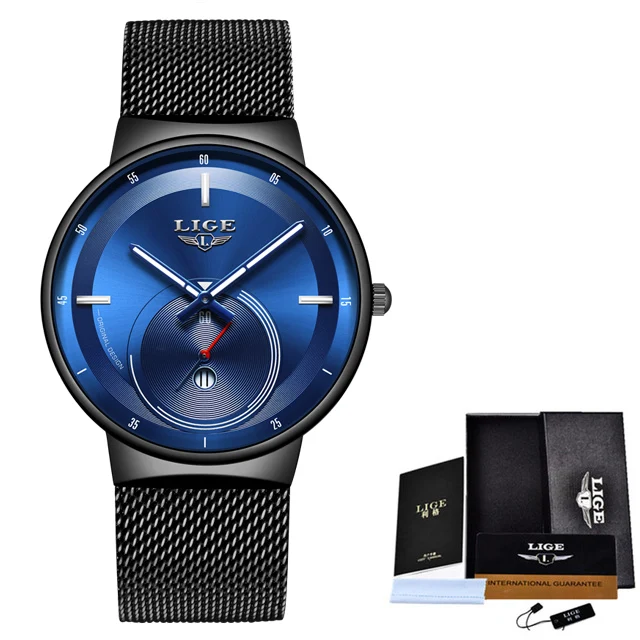 Новинка, мужские часы LIGE, Топ бренд, роскошные мужские модные кварцевые часы, идеальный подарок, черный циферблат, современный стиль, relojes hombre - Цвет: black Silver Blue