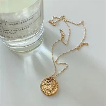 

RUIYI Real 925 Sterling Silver Classical Lion Brave Women Necklace Young Girls Gold Geometric Vintage Coin Pendant Necklace