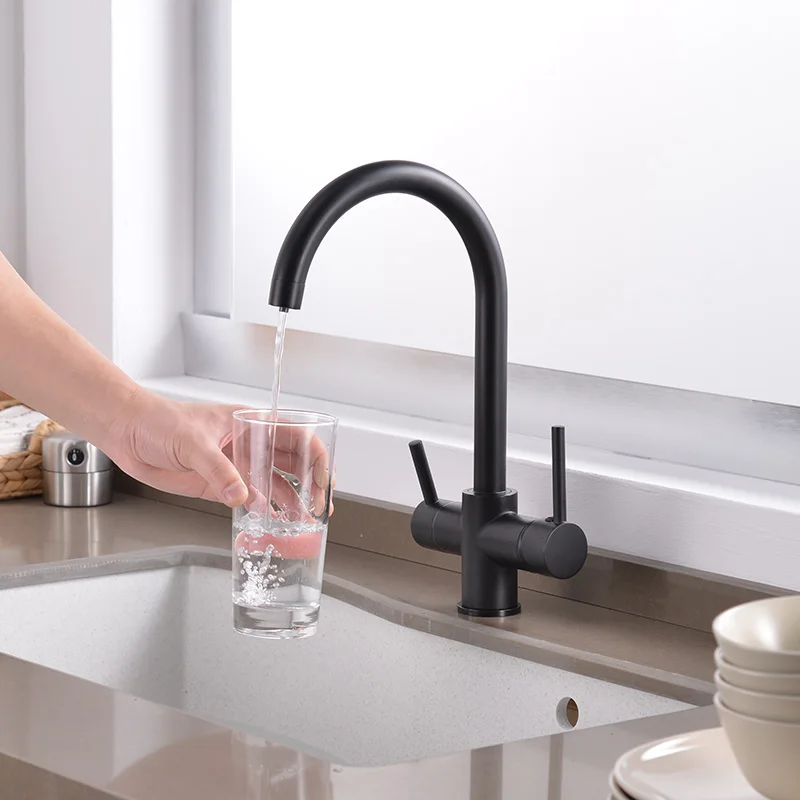 ROVATE кухонный кран для питьевой воды, с двойной ручкой, 3 в 1, очиститель воды, кран для раковины, кран для фильтра воды из латуни черного цвета