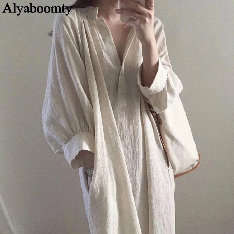 Корейский стиль Ulzzang Весна Осень женское платье-рубашка абрикосовое винтажное негабаритное Повседневное платье Vestidos с рукавами-фонариками хлопковое льняное платье - Цвет: Apricot