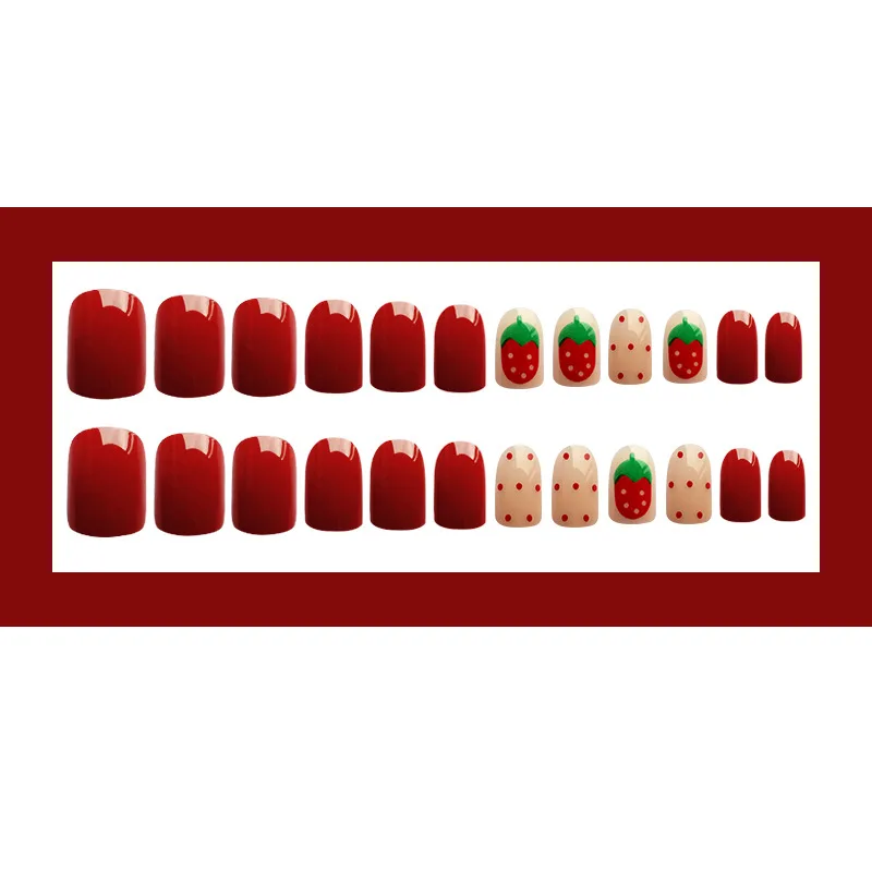 Nusx Strawberry False Nails Full Cover Artificial Red Cute Design Fake Nails Press On Square Nail 4