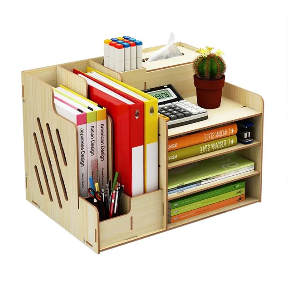 

Wooden Desktop Organizer Light Weight Office Supplies Books Holder Paper Extraction Storage Box