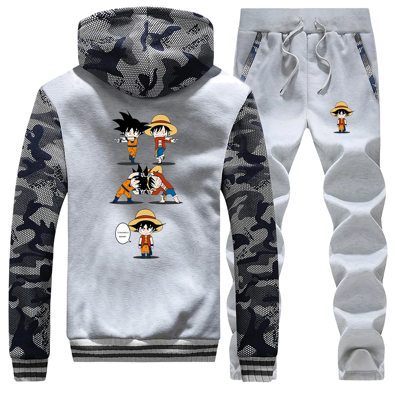 Зимние толстовки Dragon Ball и one piece Luffy, мужской костюм, пальто, толстые теплые куртки, камуфляжные толстовки с капюшоном+ комплект из 2 предметов, штаны