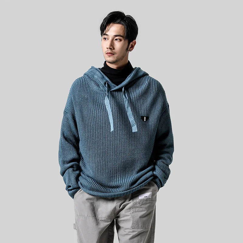 Yasword Men Casual Knitting Hooded Woollen Sweater Solid Color Loose Warm Man Knitted Hoodie Sweatercoat Male Wool Tops Pullover