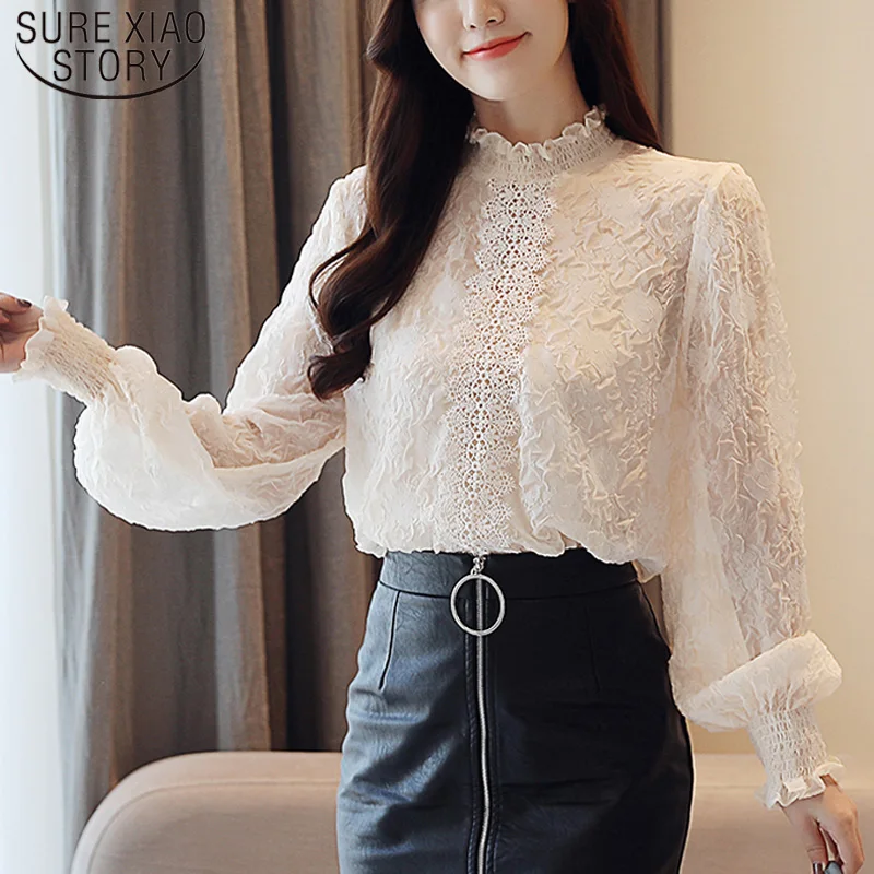 

New Sweet Full Lace Solid Ladies Tops Long Sleeve Regular Chiffon Women Shirts Stand Lantern Sleeve Women Blouses 5114 50