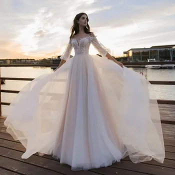 

See Through Scoop 3/4 Puffy Sleeve Lace Applique Tulle Boho A-Line Wedding Dress 2020 vestidos de novia