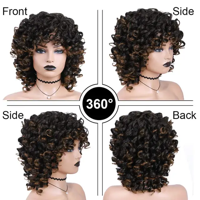 FAVE Afro Kinky Curly Wig With Bangs Black Red Synthetic Hair Shoulder LengthHeat Resistant Fiber For Africa America Black Women T1B/30