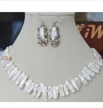 

Free shipping Beautiful genuine Freshwater White Pearl Biwa baroque Pearl Necklace +Earrings
