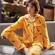

Autumn Winter Flannel Pajama Set Women Thicken Warm Turn-Down Collar Long-Sleeved Trousers 2 Piece/Set Pyjamas Suit Home Clo
