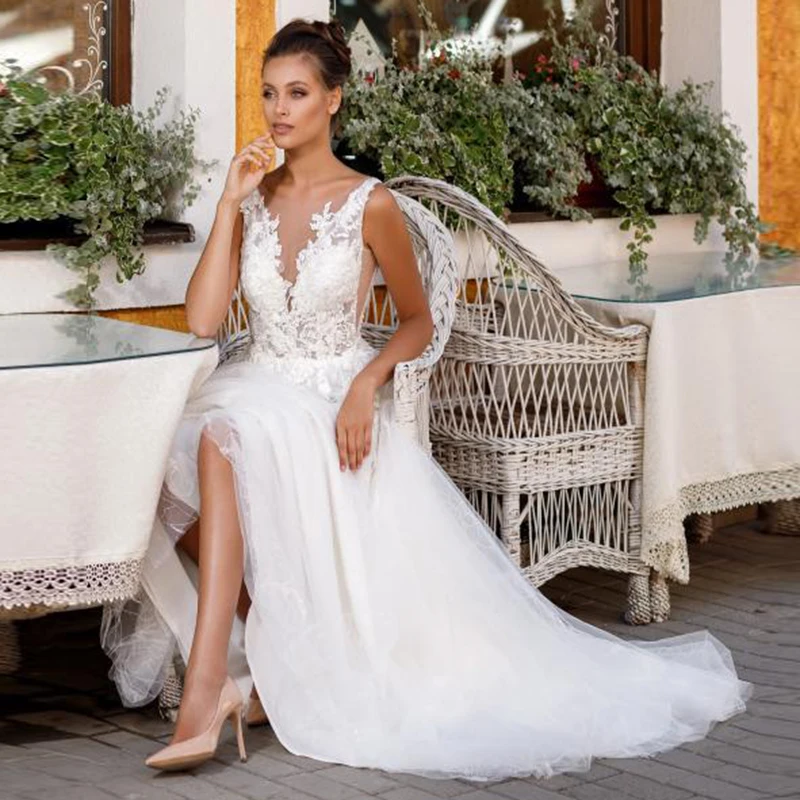 

Eightale Vintage wedding Dresses O-Neck Appliques Lace Vestido De Noiva Tulle Wedding Gowns White Ivory Boho Bride Dress 2020