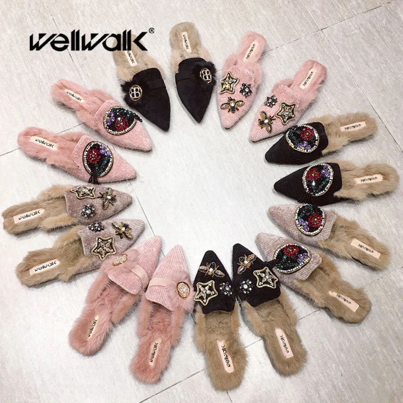 Модные меховые шлепанцы; женские зимние лоферы на плоской подошве ...