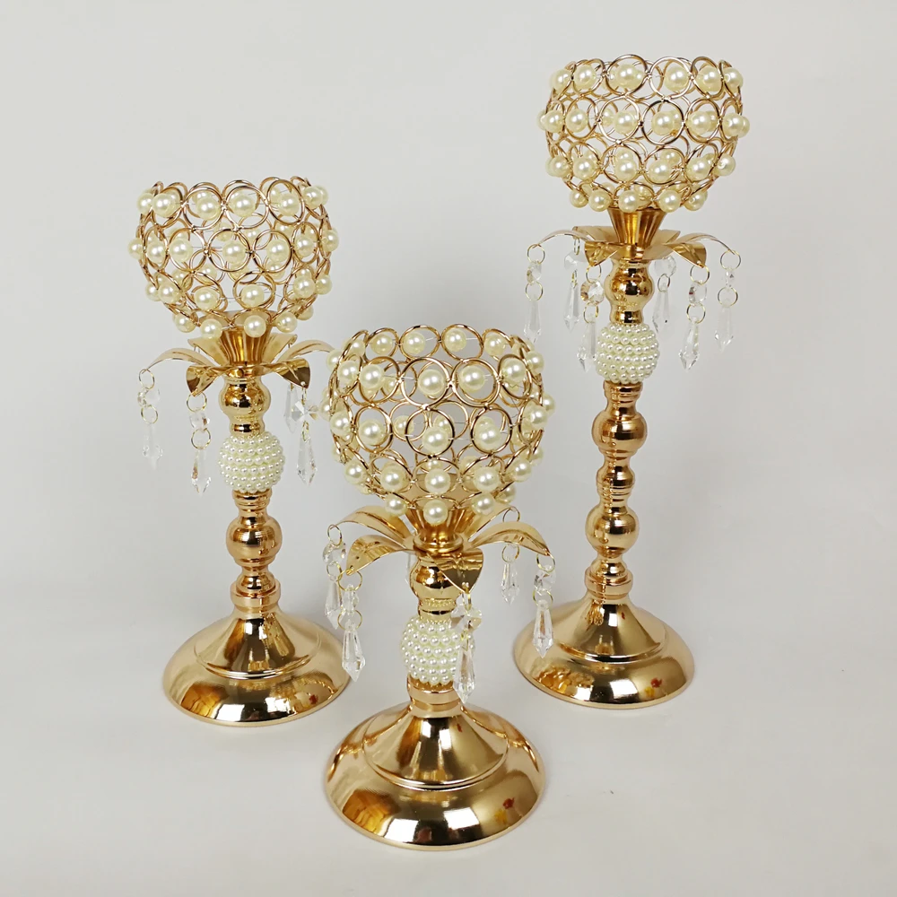 IMUWEN Metal Candle Holder Gold Pearl Candle Stand Fashion Wedding Exquisit Table Candlestick