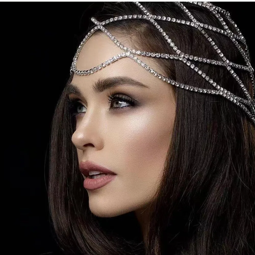 2021 Hollow Rhinestone Mesh Headpiece Wedding Head Chain Jewelry for Women Luxury Crystal Headband Head Cap Hat Hair Accessories