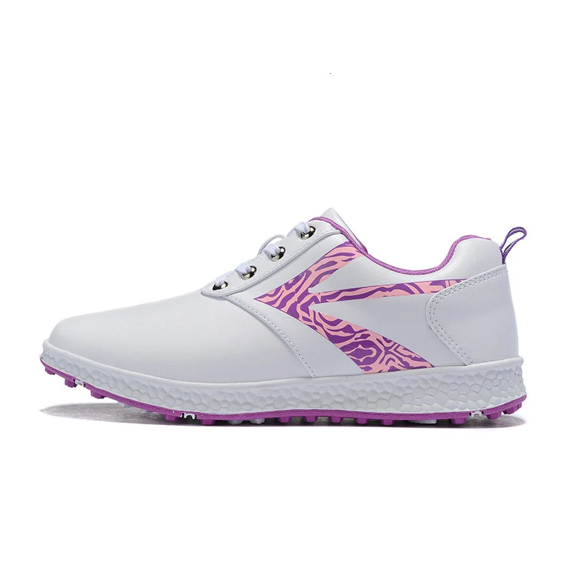 White Purple Новинка; роскошная женская обувь для гольфа; брендовая дизайнерская обувь; женская обувь для гольфа; ; удобная кожаная обувь для гольфа для больших девочек; кроссовки - Цвет: White Purple
