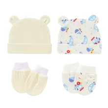 

2-Piece Set of Newborn Tire Hats Anti-Scratch Glove Jacquard Mesh Thin Baby Cap Pure Cotton Soft Cartoon 0-6 Months for Children