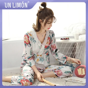 

UNLIMON Women Sleepwear Korean Fashion Pyjamas Sets Cotton V-collar Fruits Long-sleeve Pants Home Suit