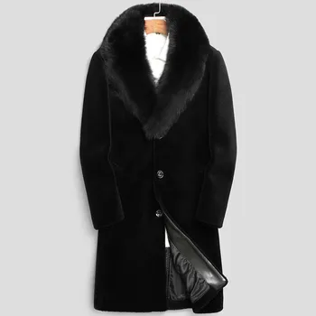 

100% Wool Coat Winter Jacket Men Real Sheep Shearling Fur Long Coats Mens Fox Fur Collar Warm Jackets 5xl LSY070072 MY1612